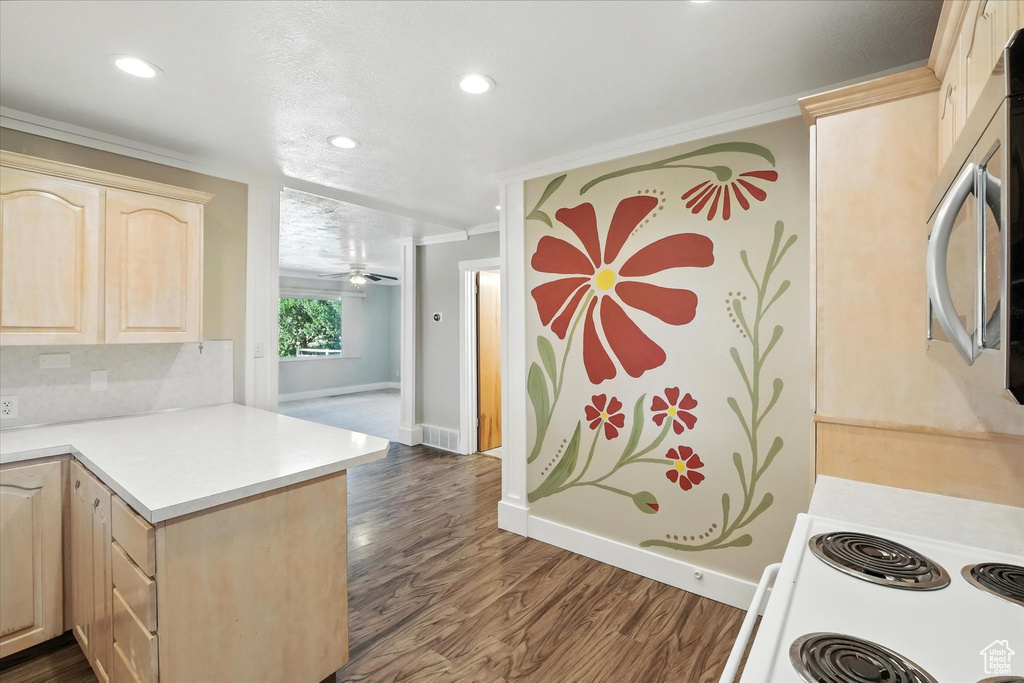 Kitchen with light brown cabinets, light countertops, crown molding, recessed lighting, and a peninsula