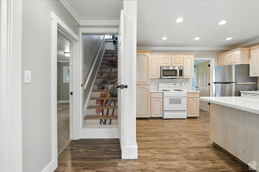 Kitchen with appliances with stainless steel finishes, ornamental molding, light brown cabinets, light countertops, and light wood-style floors