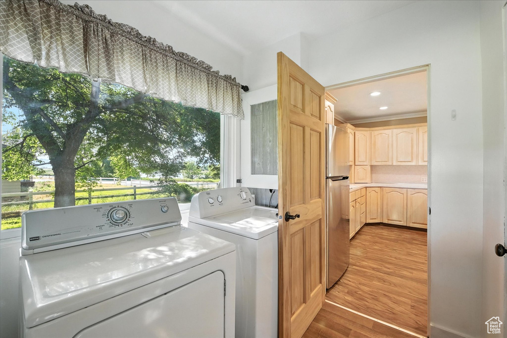 Laundry room featuring light wood-type flooring, washer and clothes dryer, and healthy amount of natural light