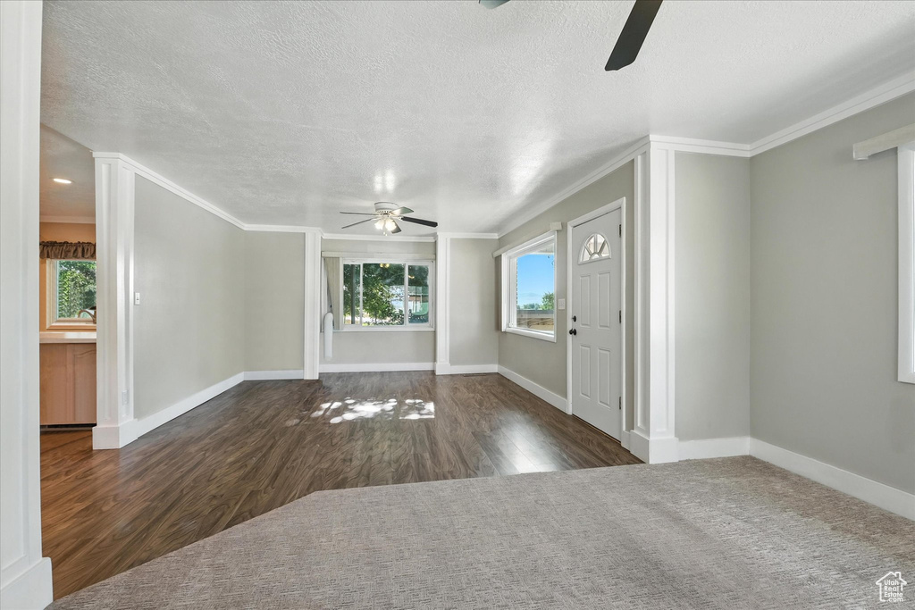 Foyer with a ceiling fan, ornamental molding, wood finished floors, and a textured ceiling
