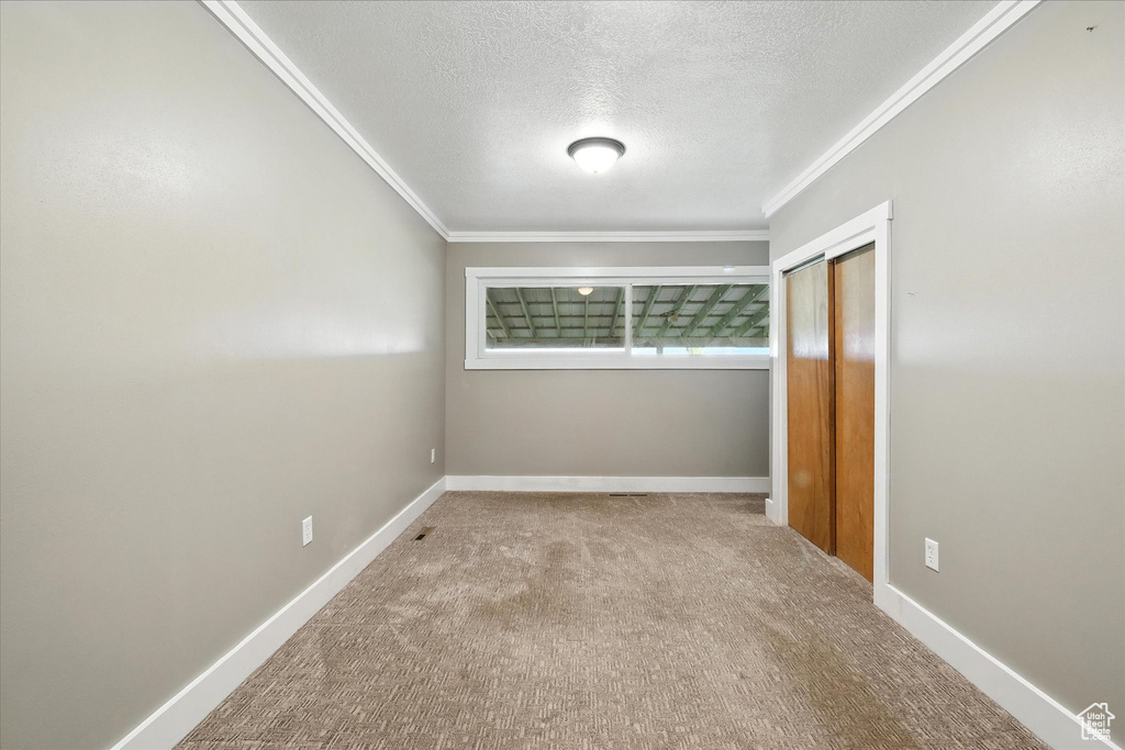 Unfurnished bedroom featuring crown molding, a textured ceiling, a closet, and carpet