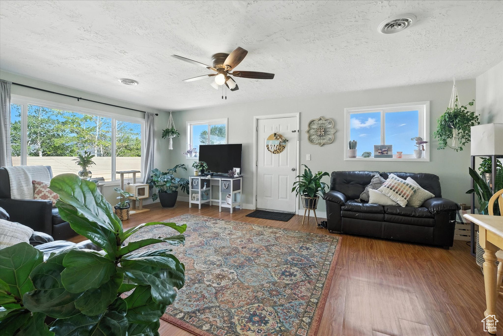 Living area featuring a ceiling fan, a textured ceiling, and wood finished floors