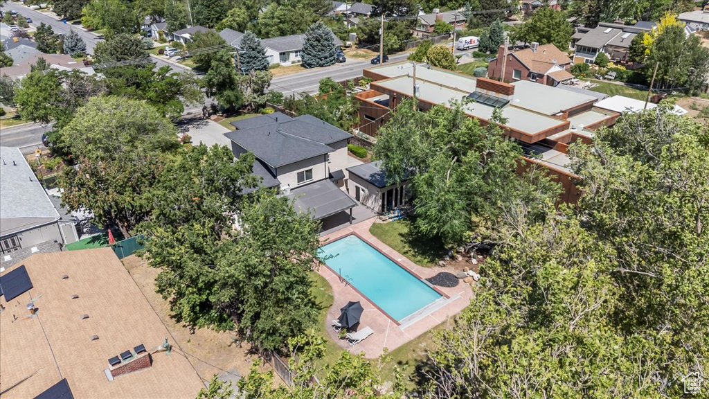 Aerial view of residential area with a pool