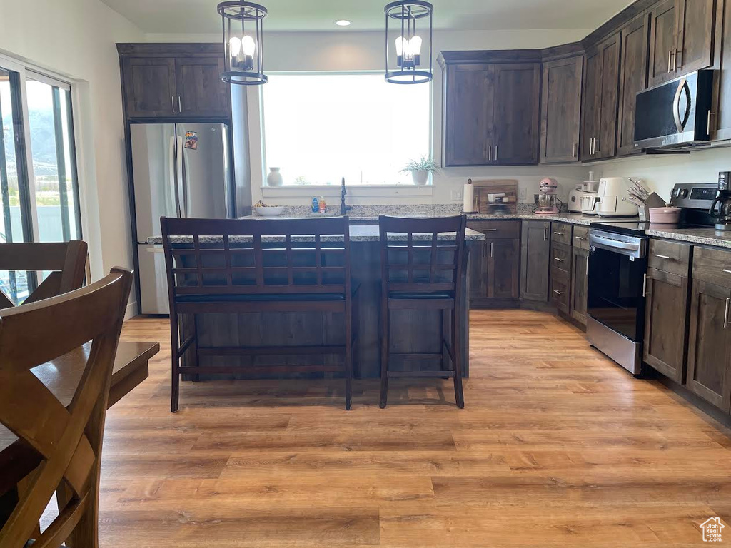 Kitchen with stainless steel appliances, dark brown cabinetry, plenty of natural light, and hanging light fixtures