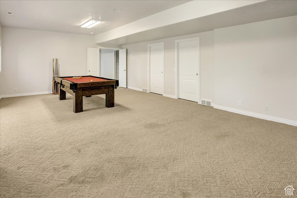 Rec room with carpet floors and pool table