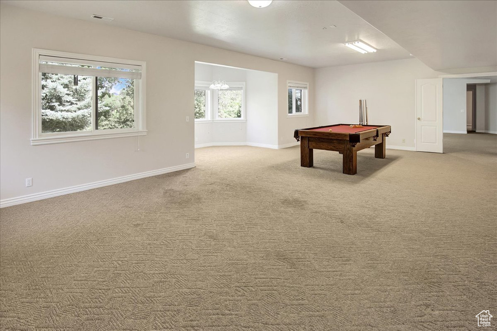 Game room featuring billiards table and carpet flooring