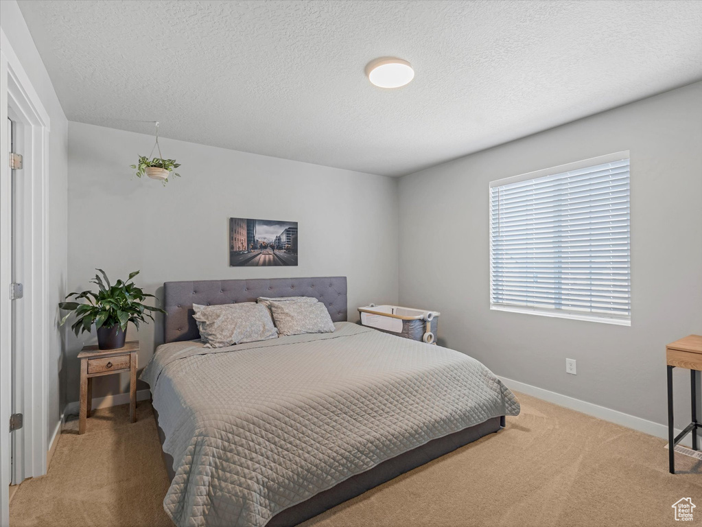 Bedroom with carpet and a textured ceiling