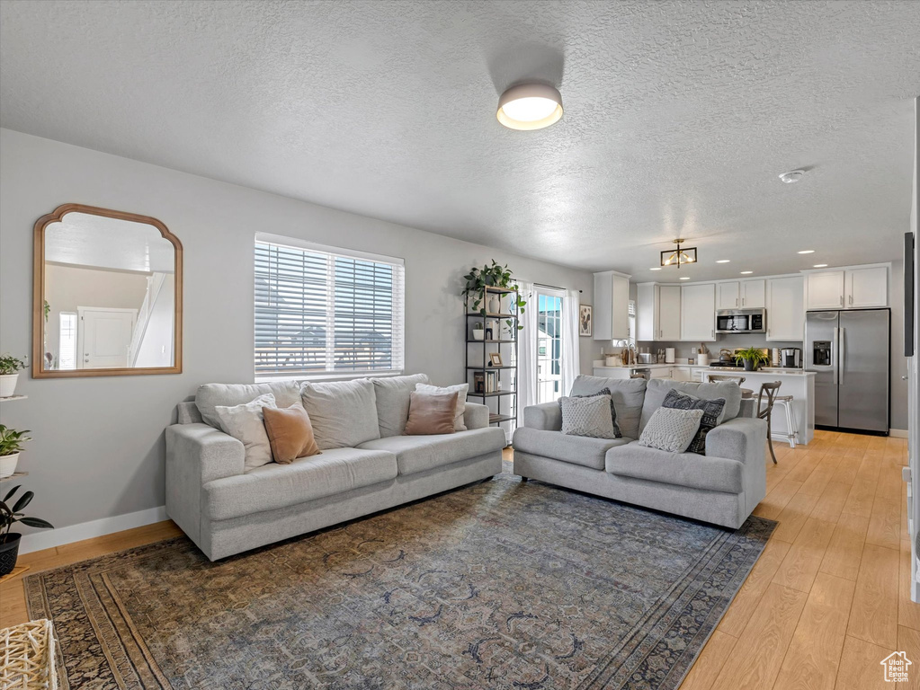 Living room with a textured ceiling and light wood-style flooring