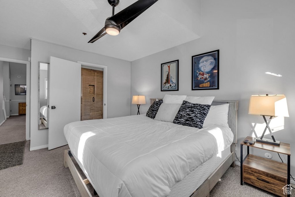 Bedroom with carpet floors and ceiling fan