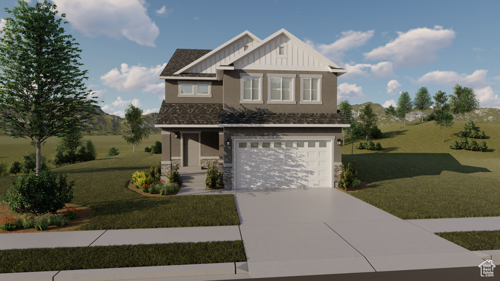 Craftsman-style house featuring concrete driveway, a front yard, an attached garage, and stone siding