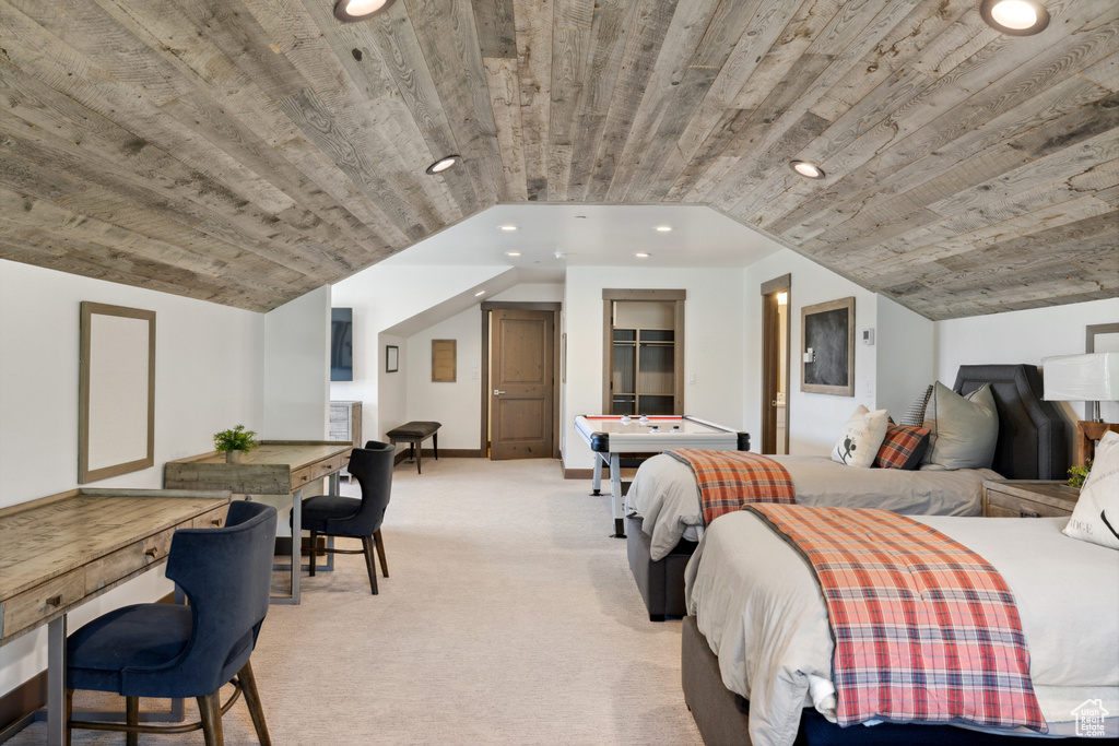 Bedroom with recessed lighting, wood ceiling, light carpet, and lofted ceiling