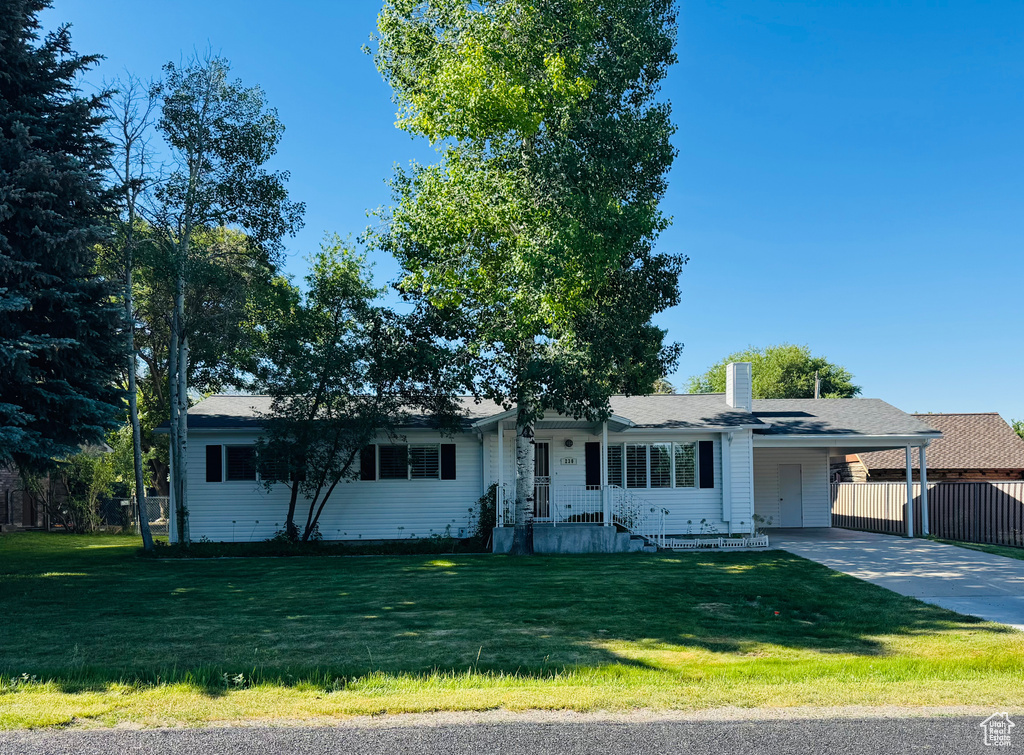 Single story home featuring concrete driveway, an attached carport, and a chimney