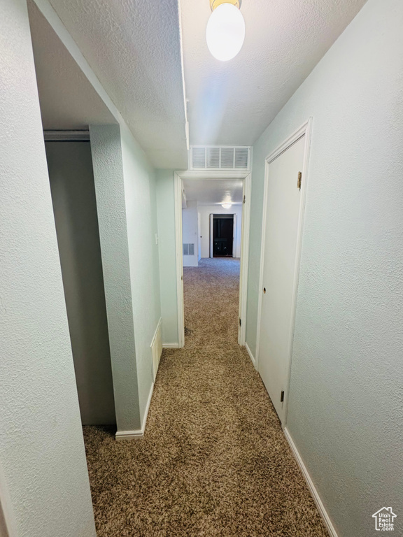 Hall with carpet, a textured wall, and a textured ceiling