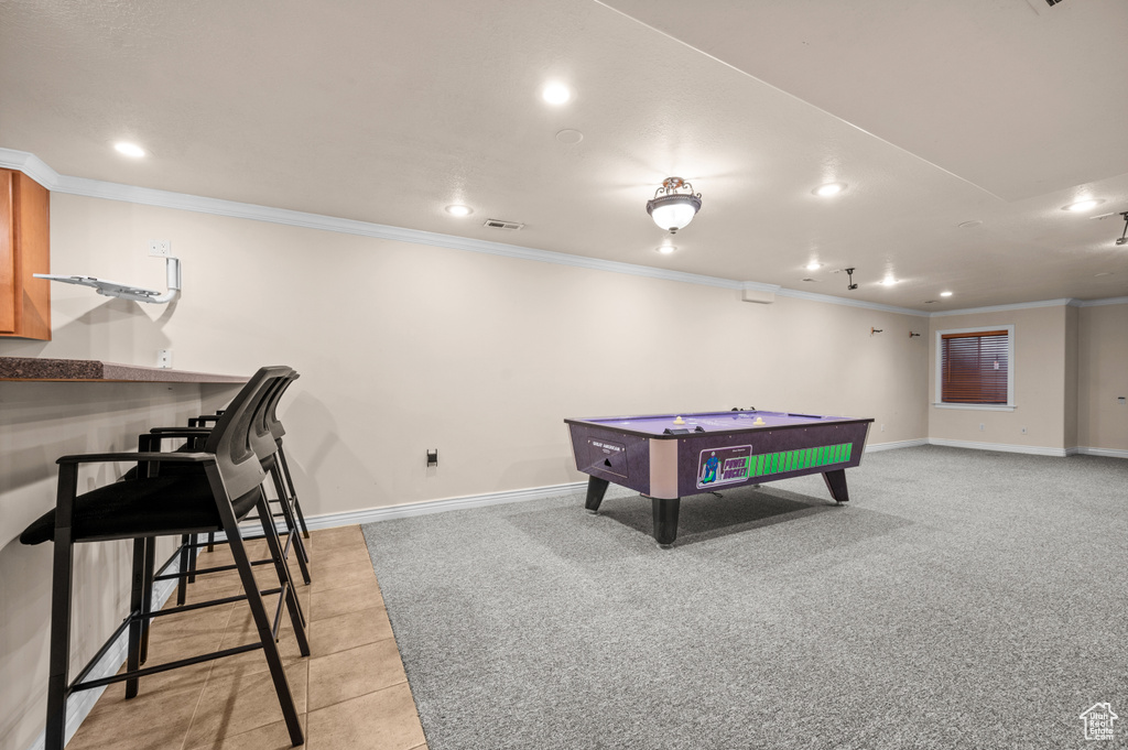 Recreation room featuring recessed lighting, ornamental molding, billiards table, and light tile patterned floors