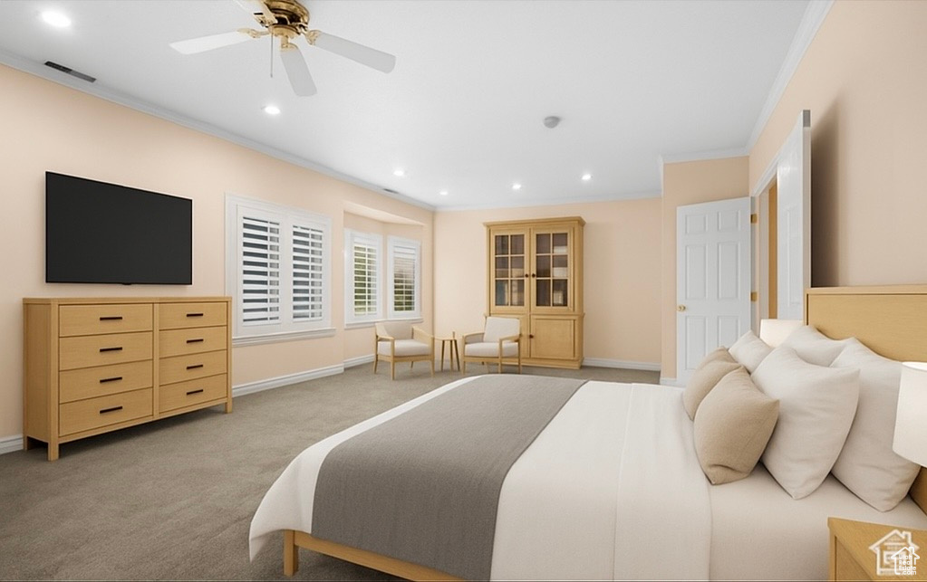 Bedroom with ornamental molding, recessed lighting, light colored carpet, and ceiling fan