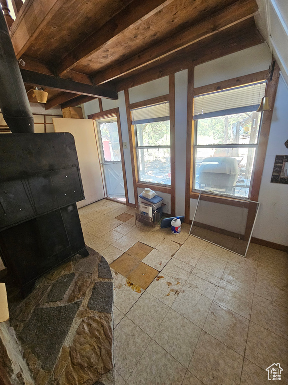 Interior space featuring a wood stove