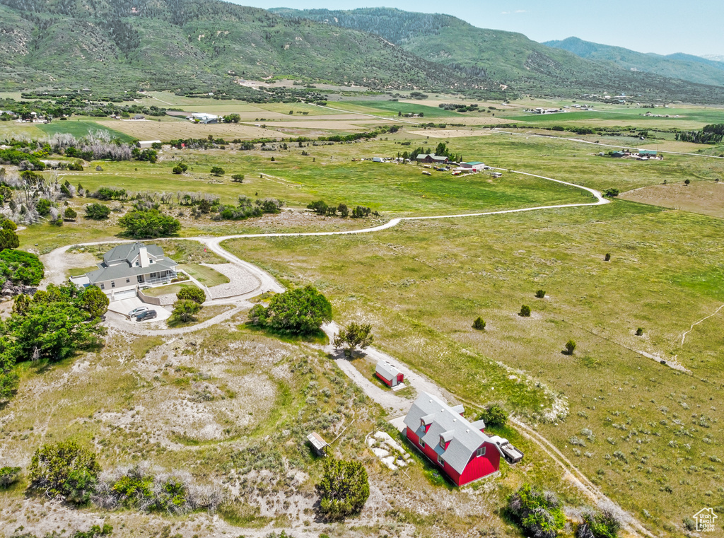 Overview of rural landscape with a mountainous background