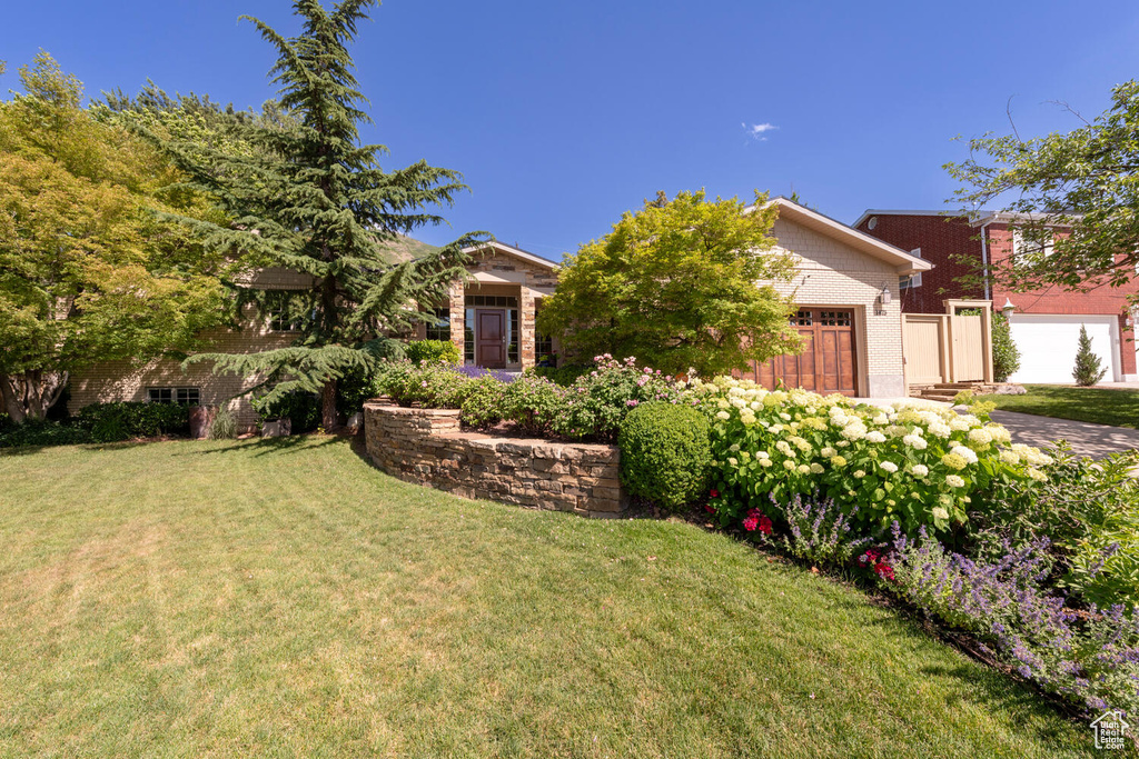 View of property hidden behind natural elements with an attached garage and a front lawn