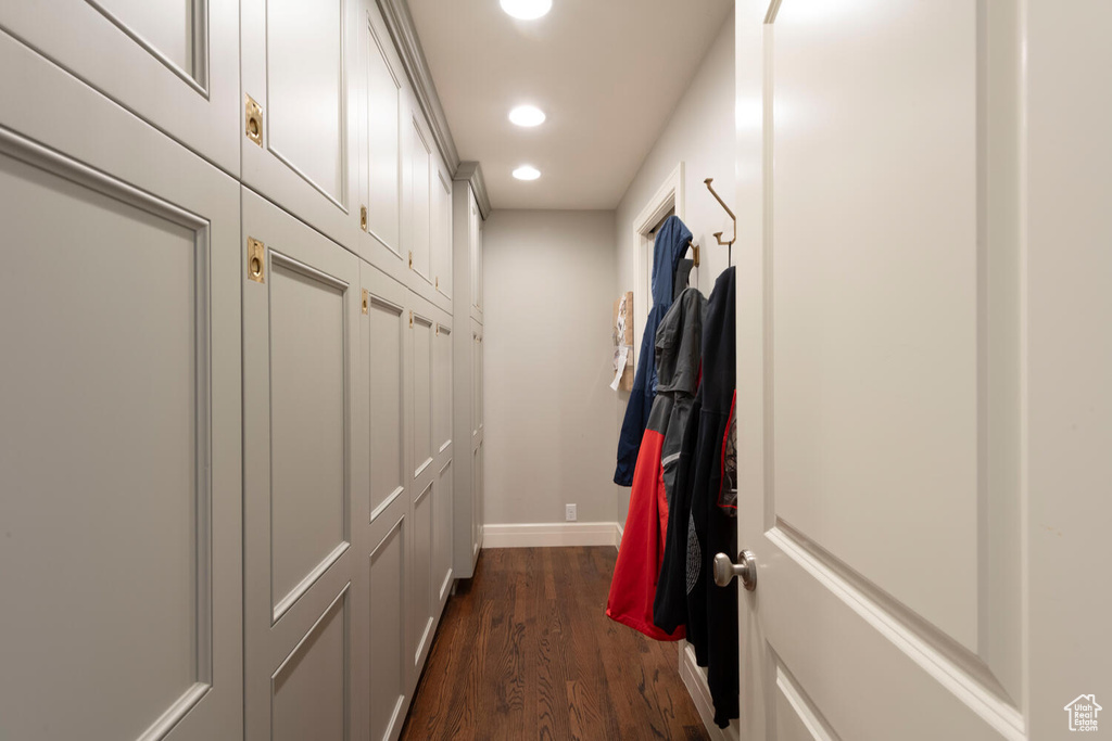 Corridor featuring recessed lighting and dark wood-style floors