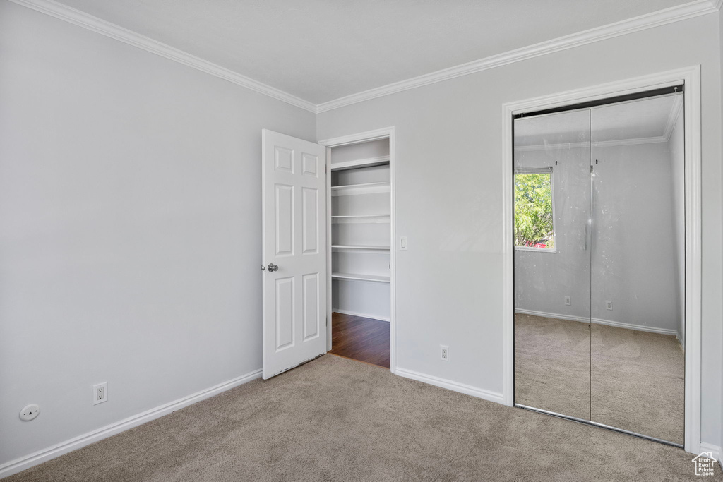 Unfurnished bedroom with carpet and crown molding