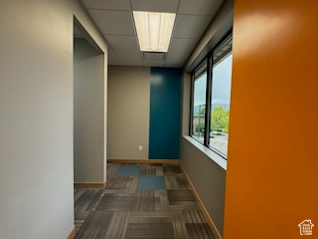 Corridor featuring a paneled ceiling and carpet flooring