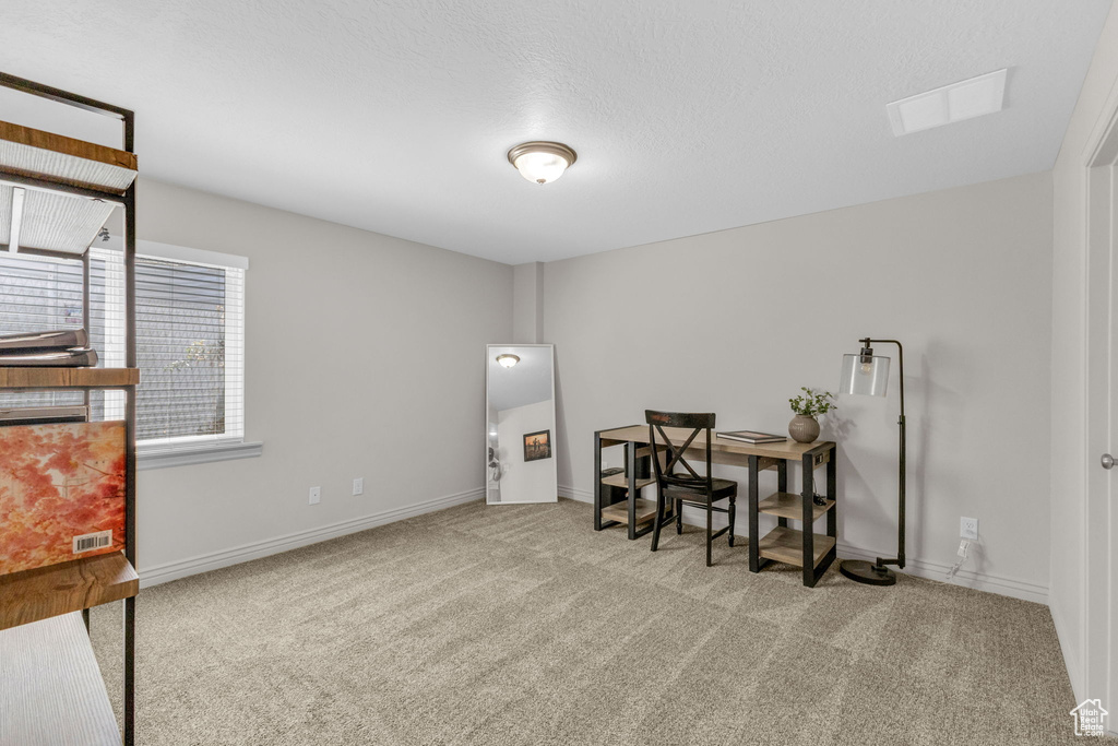 Carpeted office space with baseboards