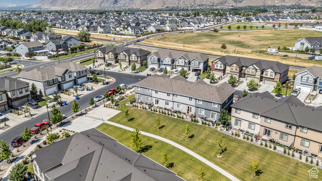 Aerial perspective of suburban area featuring mountains