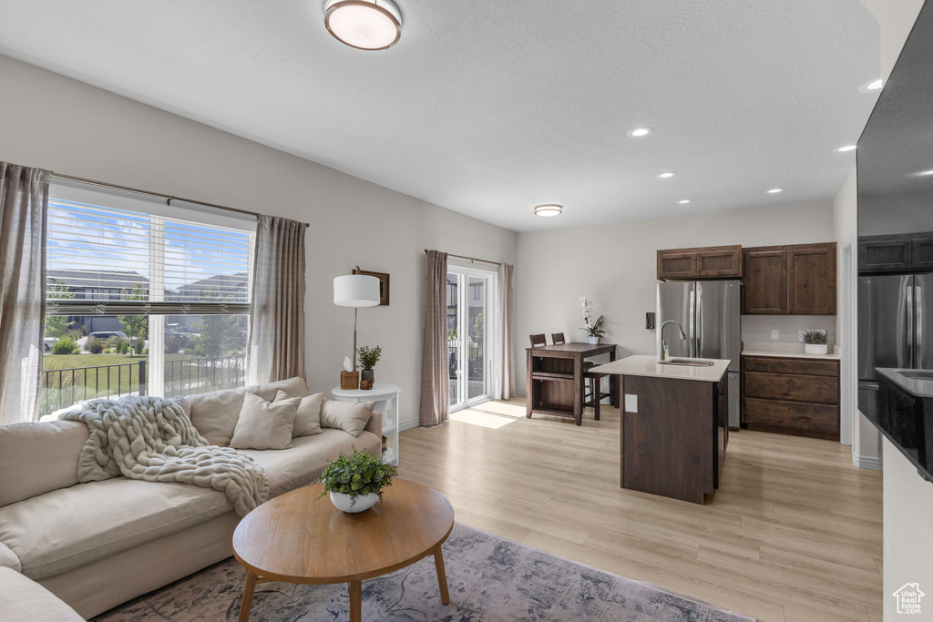 Living room with light wood-type flooring and recessed lighting