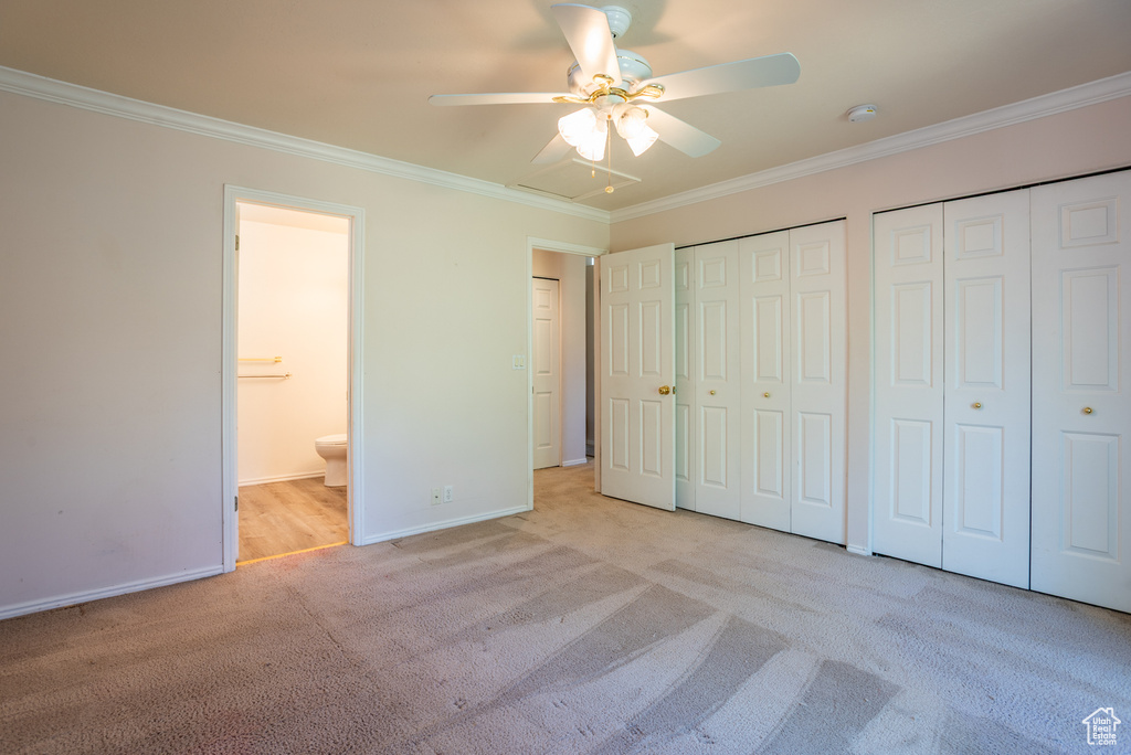 Unfurnished bedroom with carpet, multiple closets, ornamental molding, ensuite bathroom, and a ceiling fan