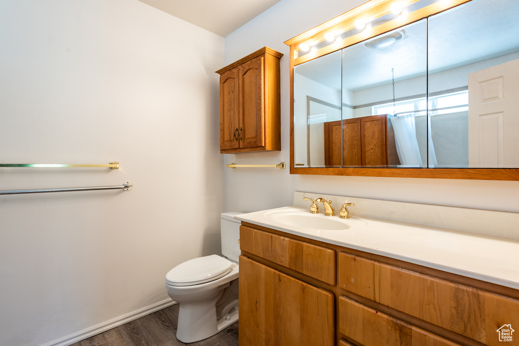 Full bath with wood finished floors, vanity, and a shower with shower curtain