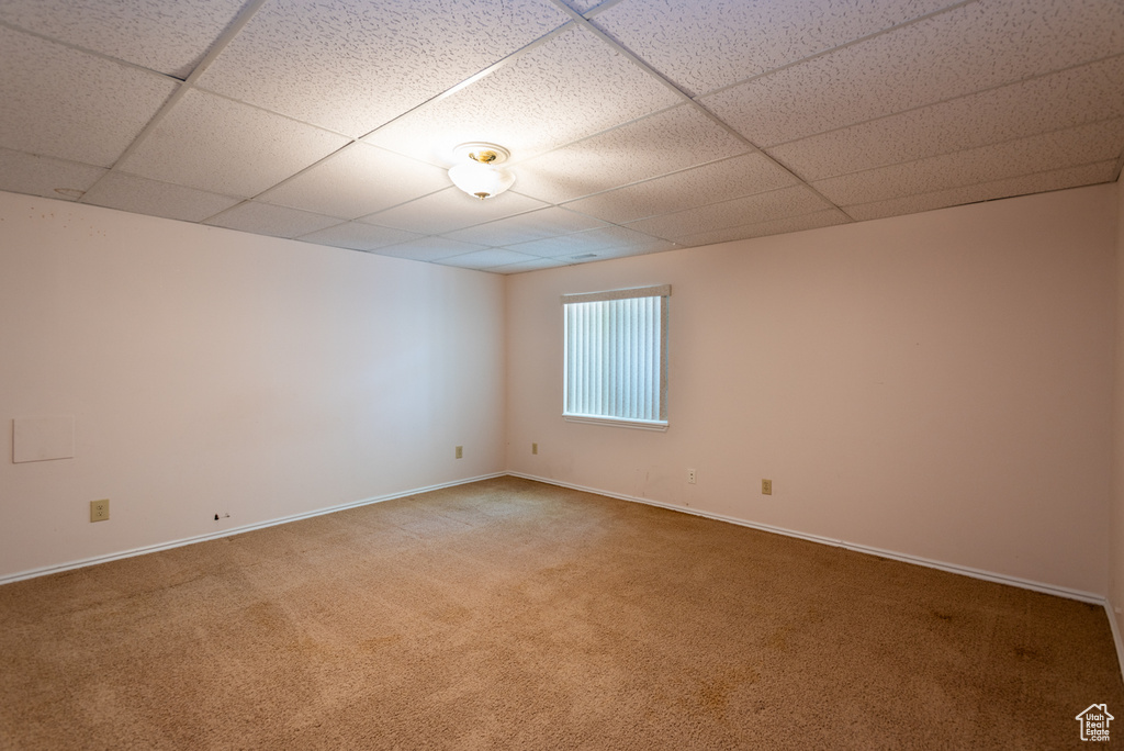 Unfurnished room with light carpet and a drop ceiling