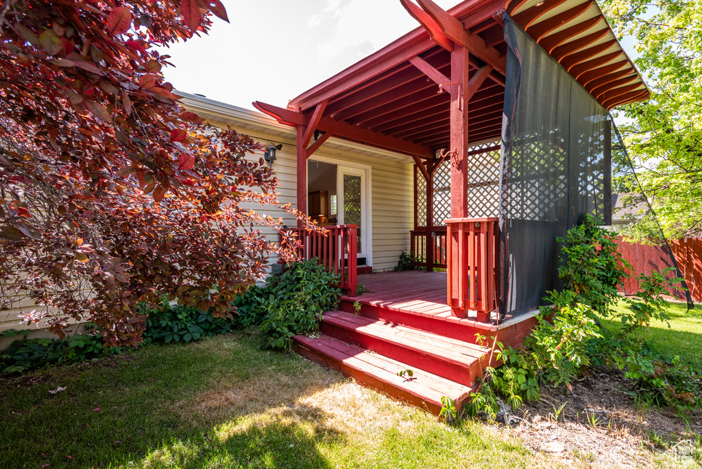 Wooden terrace with a lawn