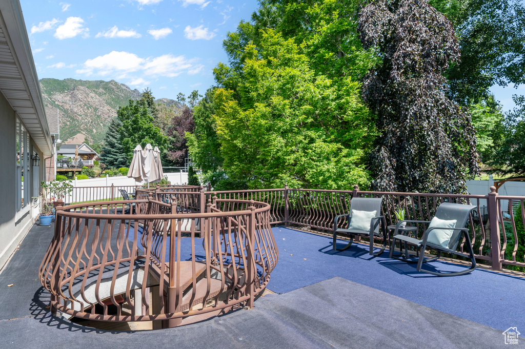 View of patio with a mountain view