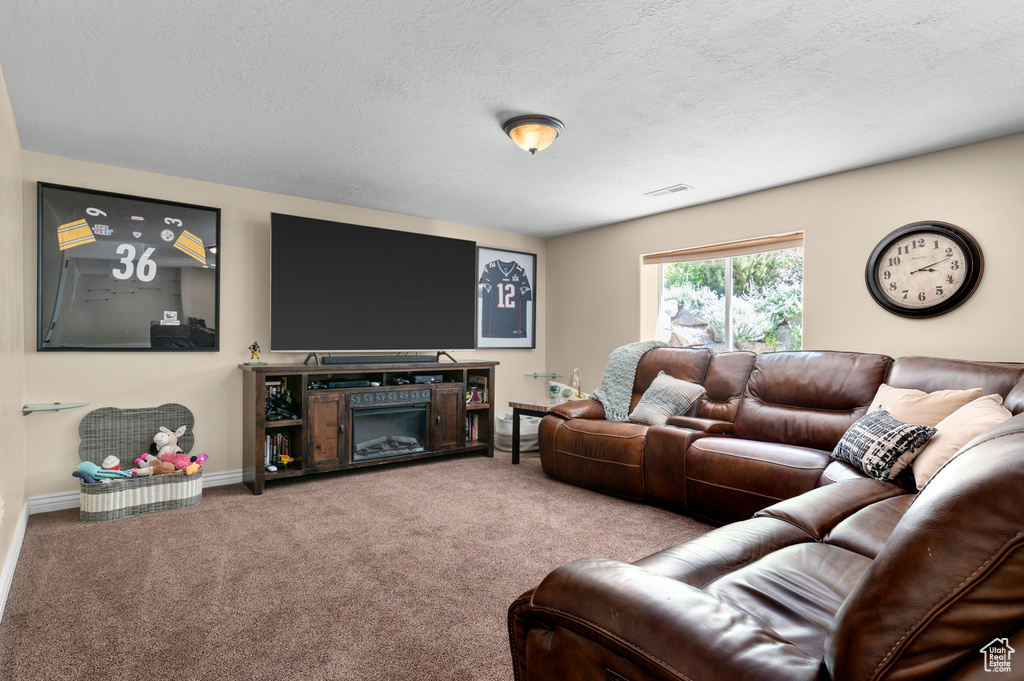 Living room featuring carpet floors and a textured ceiling