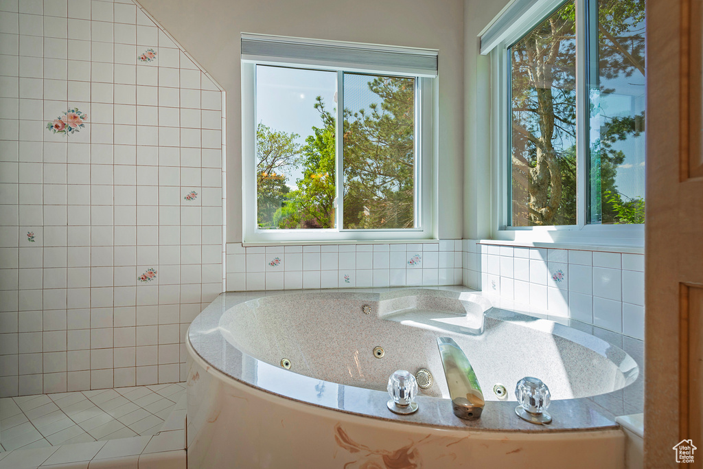 Bathroom featuring a jetted tub and healthy amount of natural light
