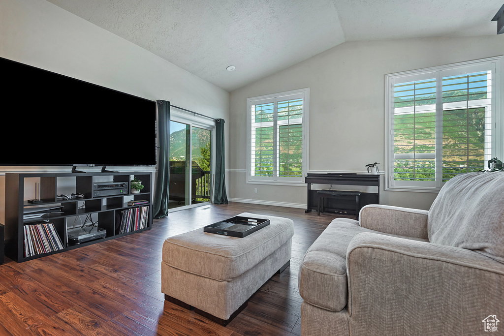 Living area with vaulted ceiling, dark wood-style floors, and a textured ceiling