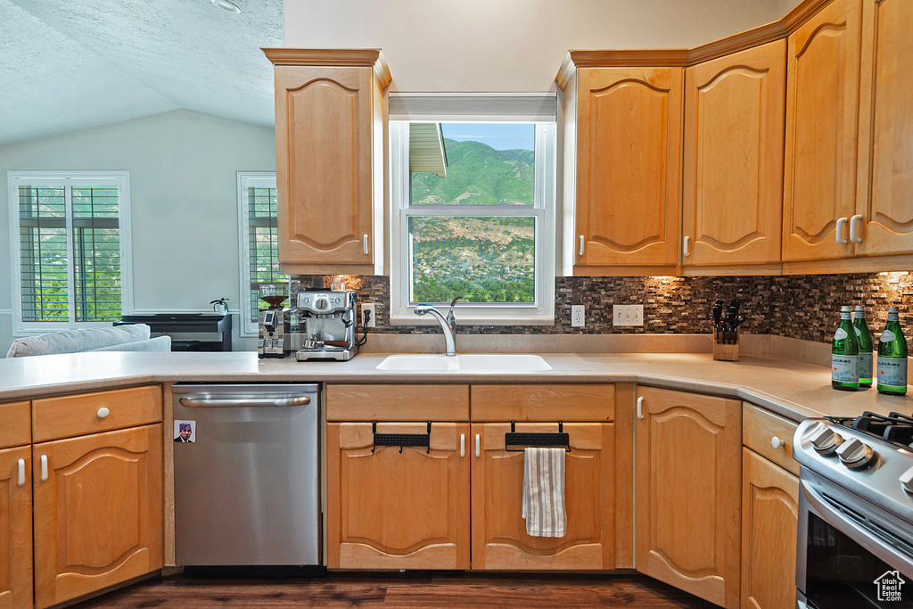 Kitchen with stainless steel appliances, vaulted ceiling, light countertops, backsplash, and dark wood-type flooring