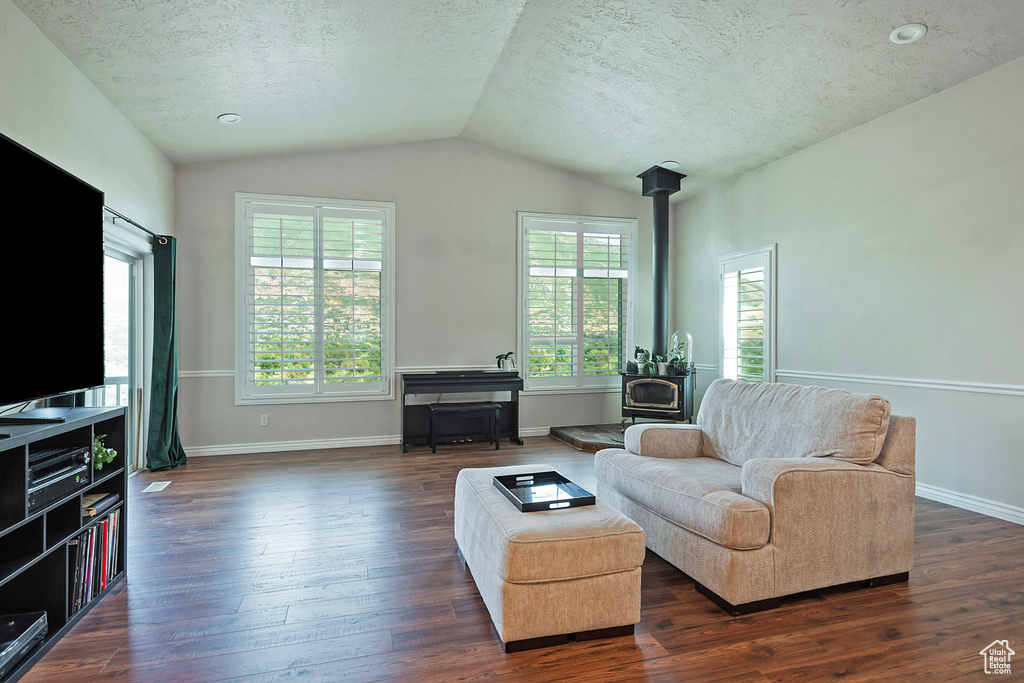 Living area with a wood stove, lofted ceiling, a textured ceiling, and dark wood-style flooring