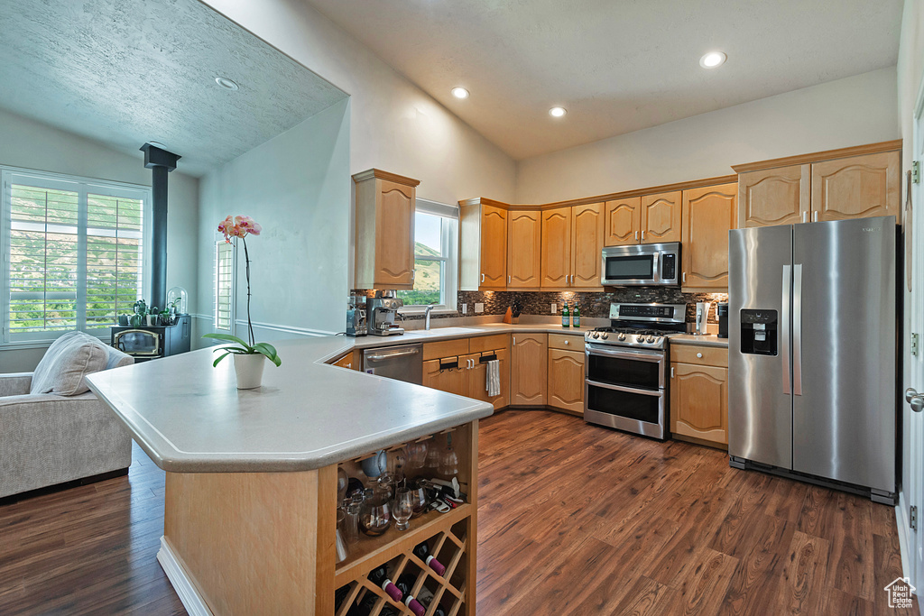 Kitchen with stainless steel appliances, vaulted ceiling, a peninsula, dark wood-style flooring, and decorative backsplash