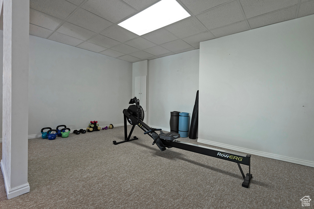 Exercise area with carpet and a drop ceiling