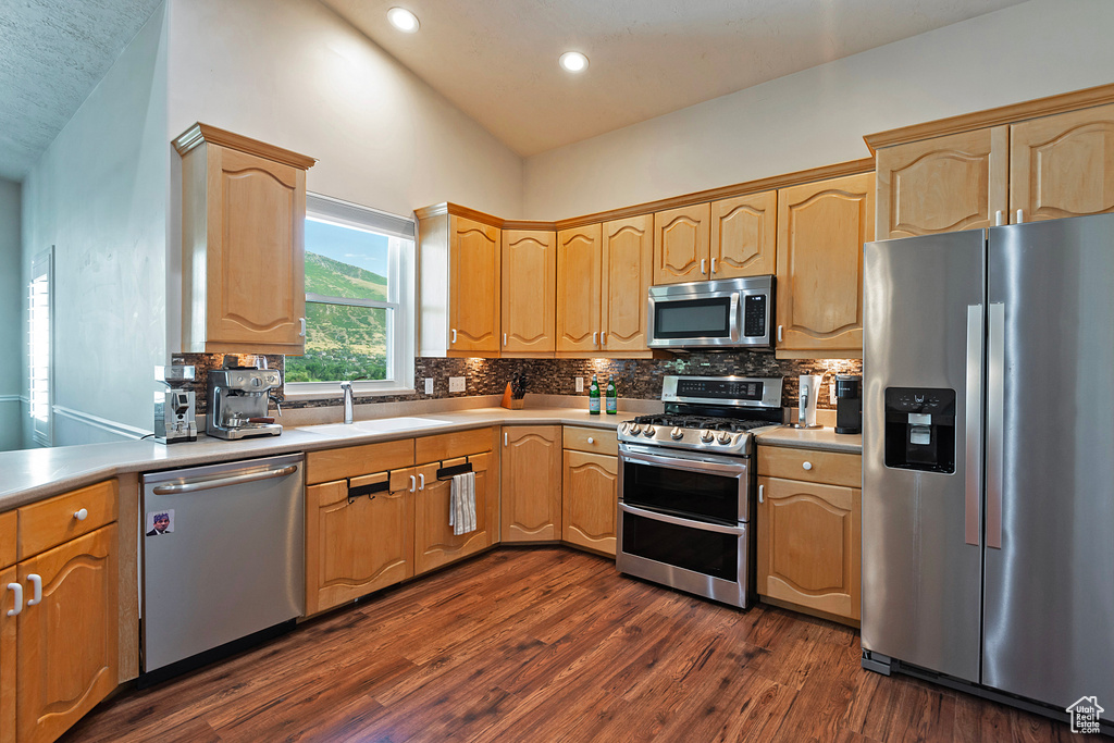Kitchen with stainless steel appliances, dark wood finished floors, backsplash, light countertops, and recessed lighting