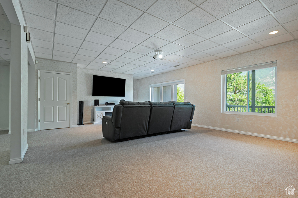 Living area featuring a drop ceiling and carpet