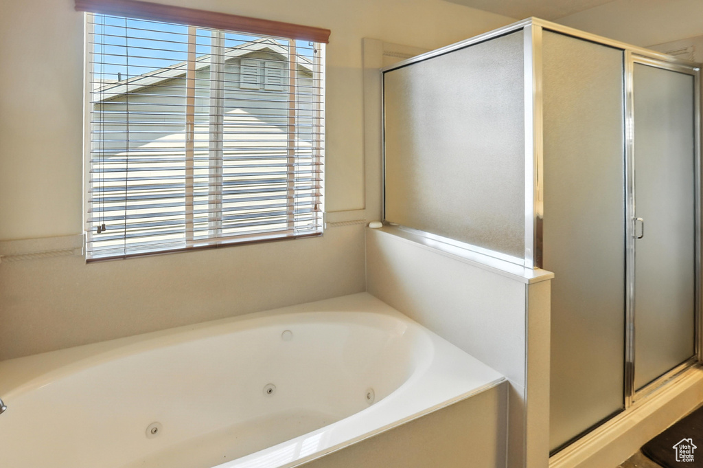 Full bathroom featuring a stall shower and a whirlpool tub