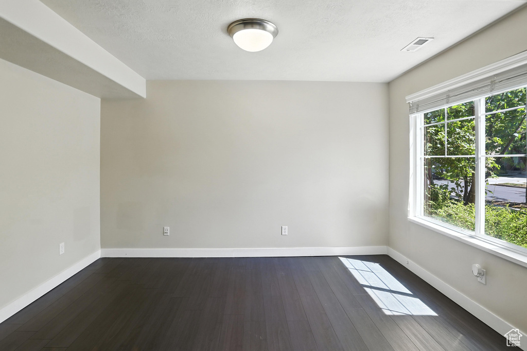 Spare room with healthy amount of natural light, dark wood-style flooring, and a textured ceiling