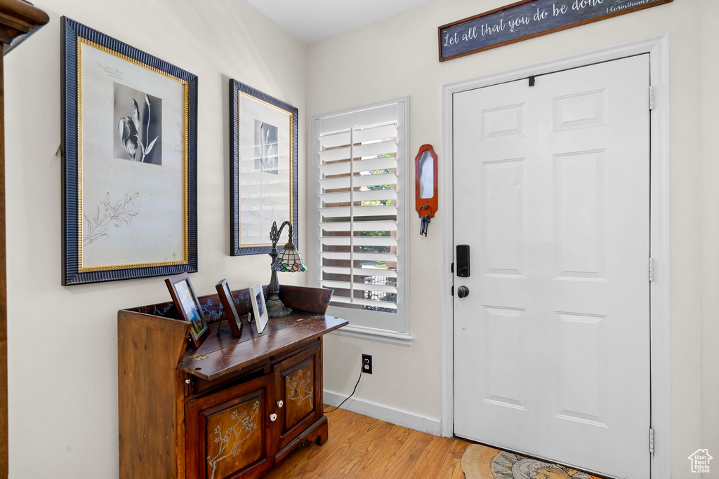 Foyer with light wood-style flooring and plenty of natural light