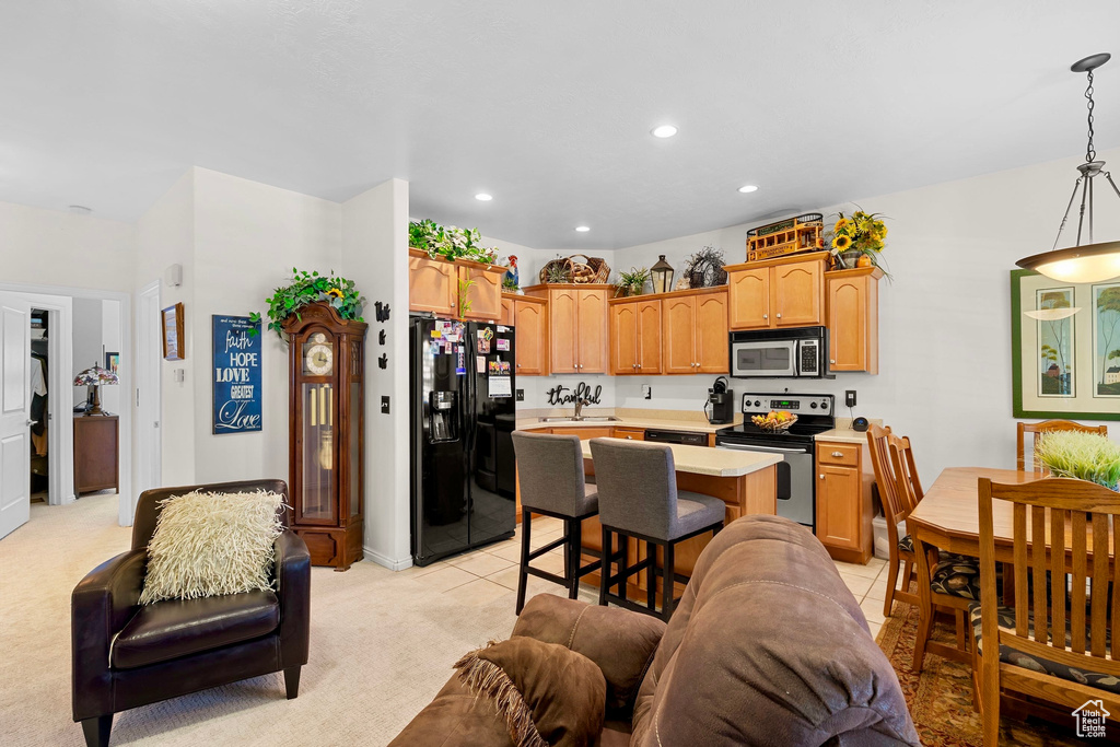 Kitchen with stainless steel appliances, light countertops, a center island, recessed lighting, and open floor plan
