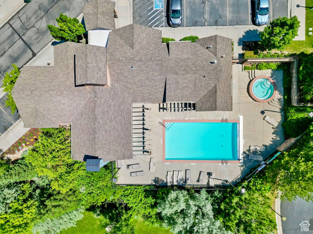 Drone / aerial view of a pool area