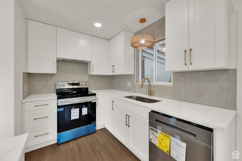 Kitchen featuring stainless steel electric range oven, dishwashing machine, white cabinets, dark wood-style floors, and light countertops