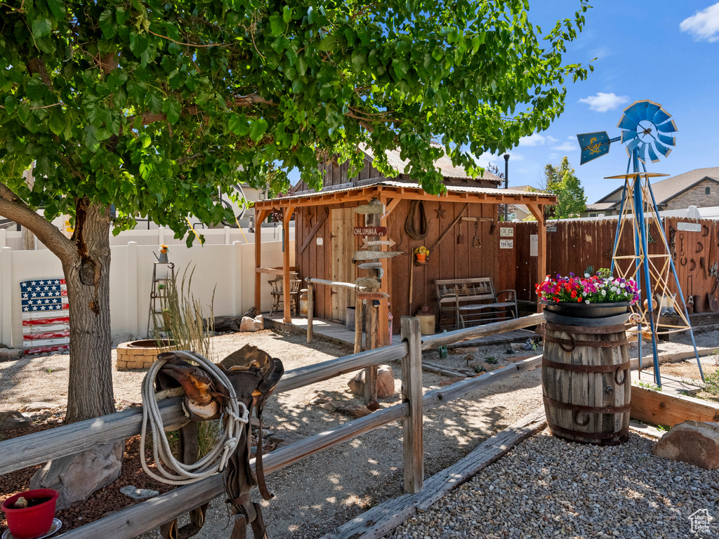 Fenced backyard featuring an outbuilding