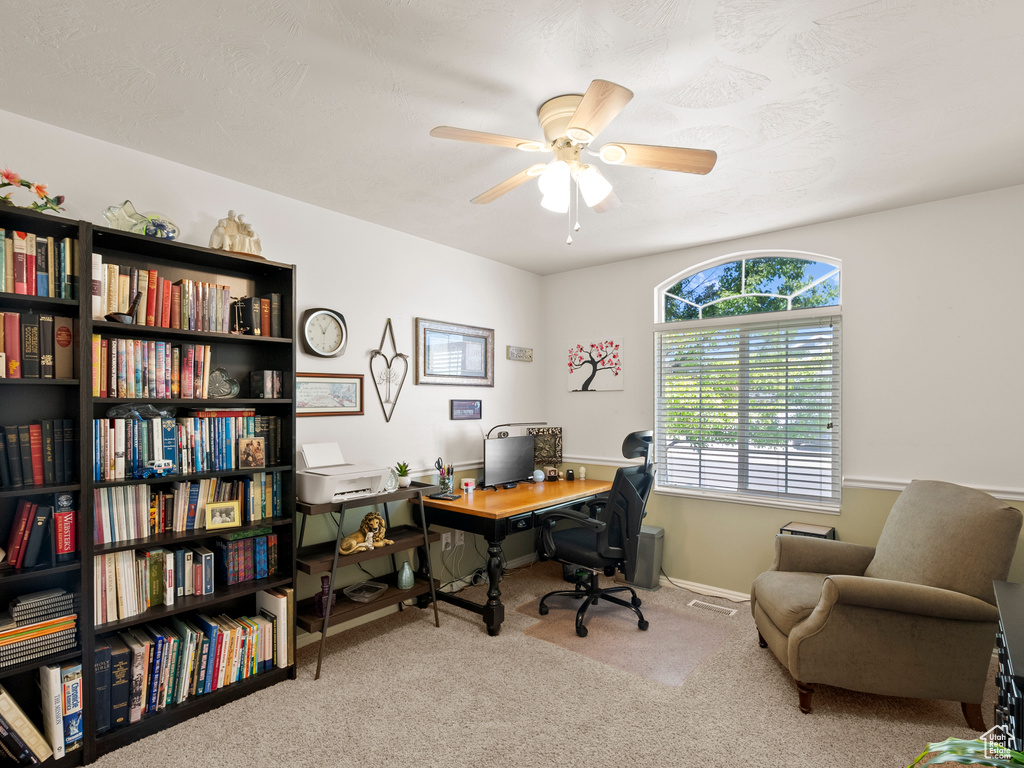 Office area with carpet and ceiling fan